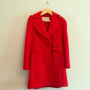 Women Red Coat with Belt Long Sleeve Outwear